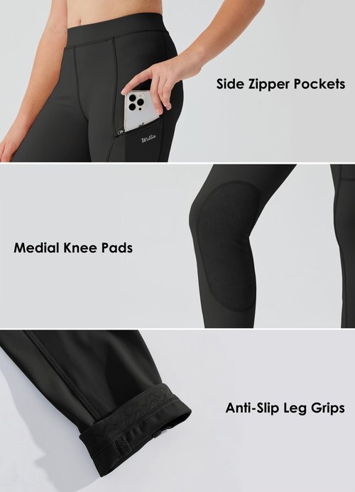 Willit Girls Horse Riding Pants Tights Kids Equestrian Breeches Knee-Patch Youth Schooling Tights Zipper Pockets Black M