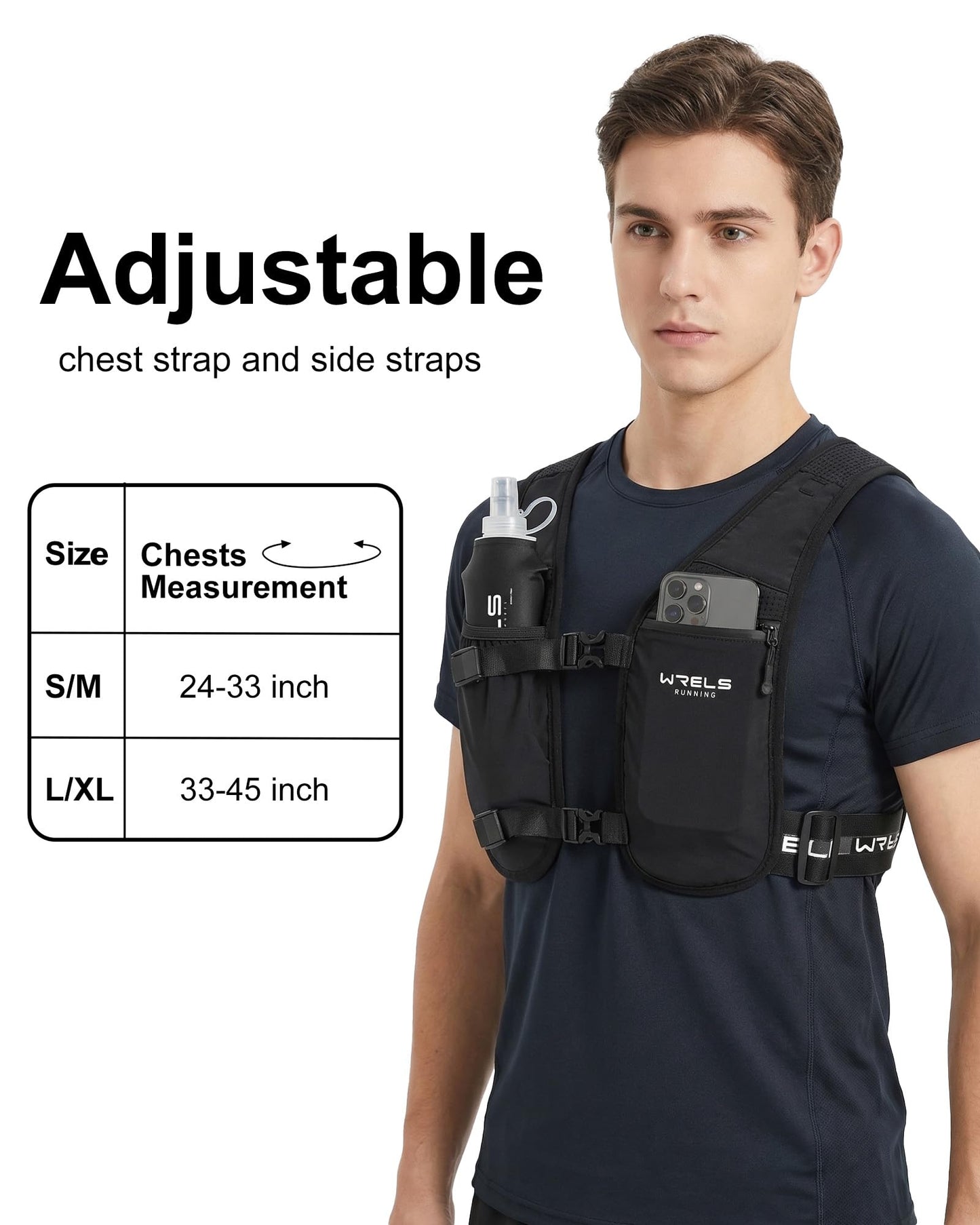 WRELS Running Vest for Women Men,Lightweight Reflective Hydration Vest with TPU 500ml Soft Flask,Adjustable Chest Straps Phone Pocket for Running Marathon