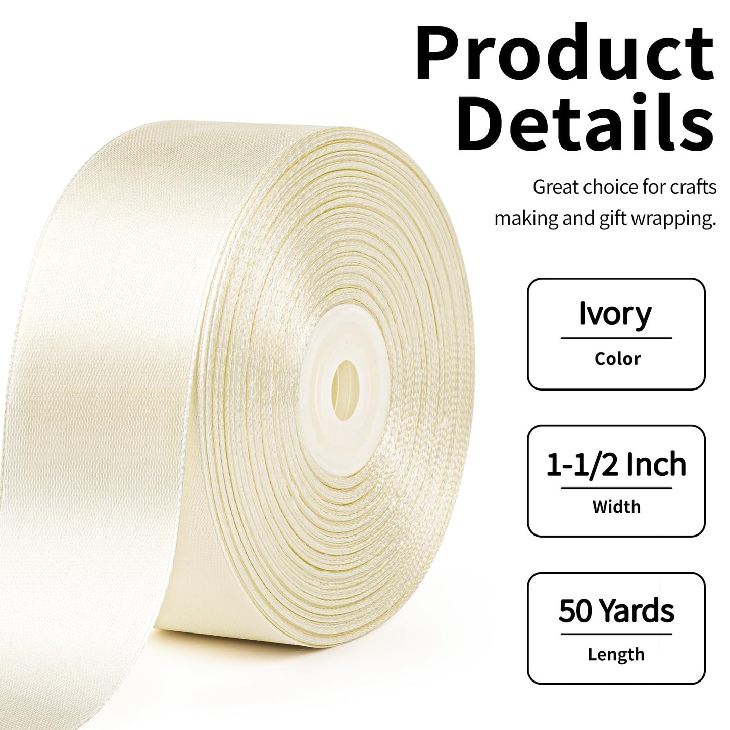 Mauproy 1-1/2 Inch Wide Ivory Satin Ribbon, 50 Yards Solid Polyester Fabric Ribbon for Roses Making, Gift Wrapping, Flower Bouquets, Wedding Decorations, Handmade Crafts