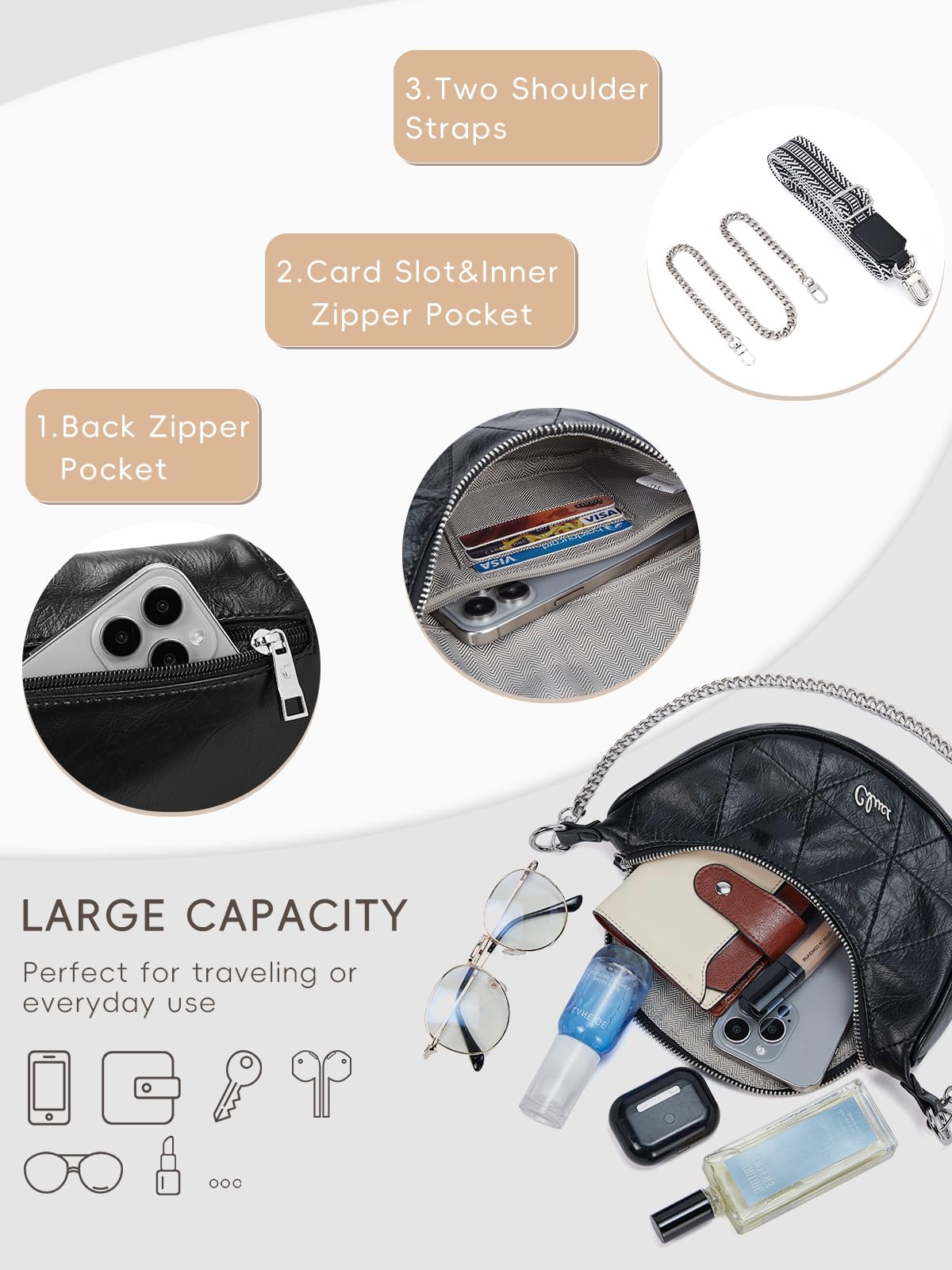 CLUCI Crossbody Bags for Women Fanny Pack Leather Sling Bag for Women Belt Bag for Women Cross Body Bag for Woman Crossbody Bag Travel Black