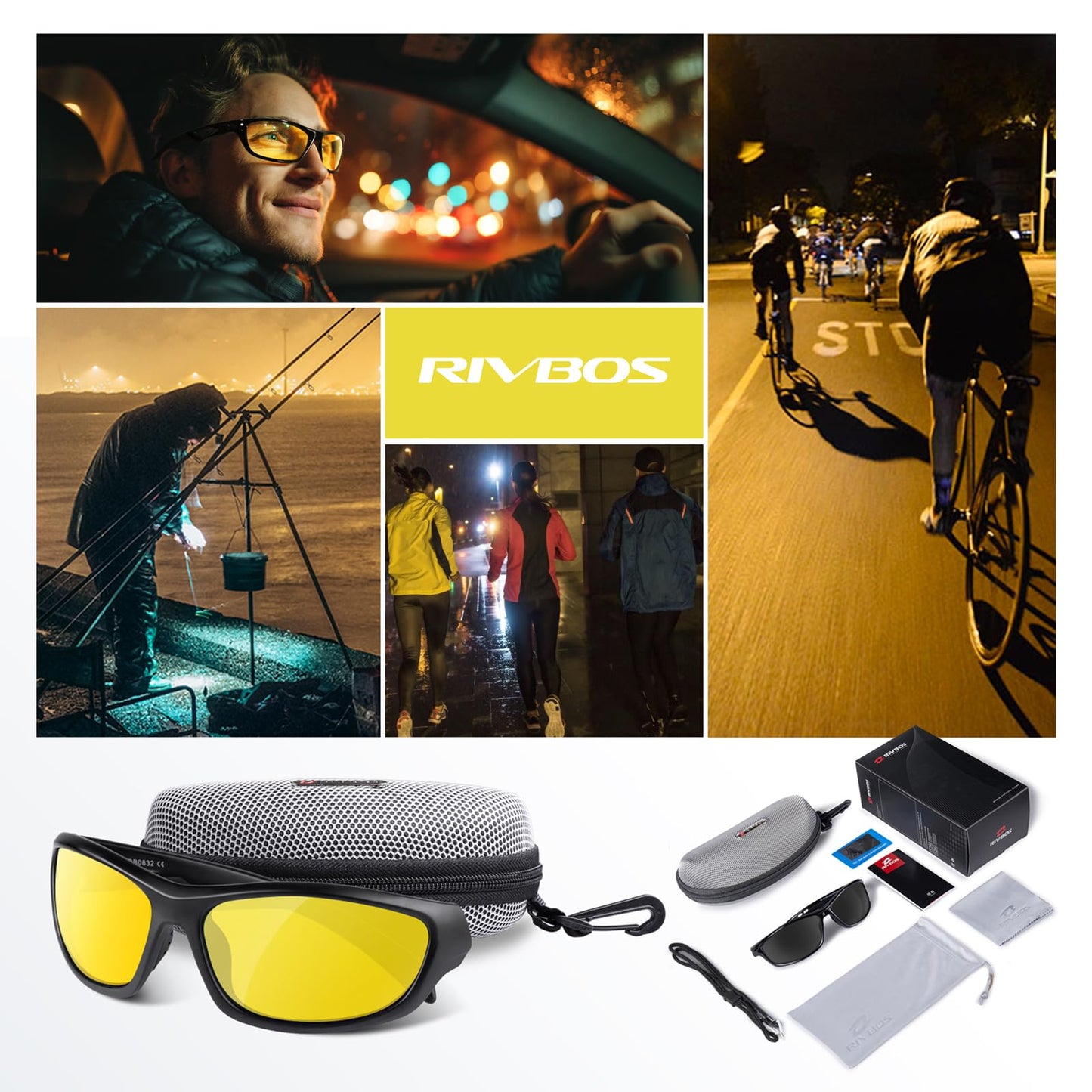 RIVBOS Night Vision Driving Glasses Anti Glare HD Yellow Tinted Sunglasses for Men Women RB831