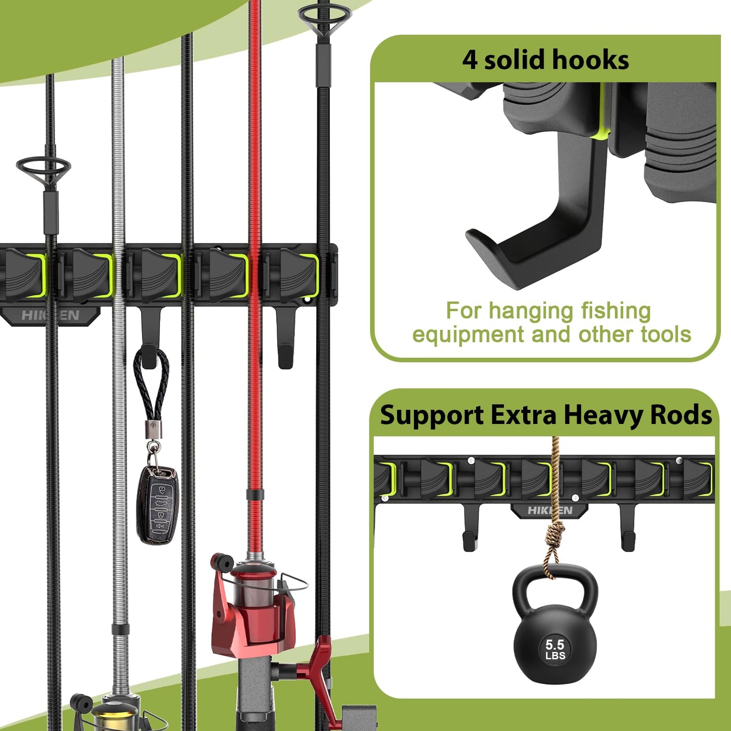 Fishing Rod Holders, Wall Mounted Fishing Rod Rack, Fishing Pole Holder Holds Up to 8 Rods or Combos, Fishing Rod Holders for Garage with 4 Hooks, Fits Most Rods of Diameter 3-24mm