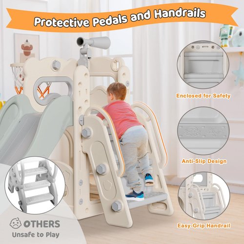 Babytronic Toddler Slide, 6 in 1 Kids Indoor Slide for Toddlers 1-3, Kids Playground for Indoor Outdoor with Basketball Hoop and Telescope, Indoor Outdoor Slide Playset (White&Gray)