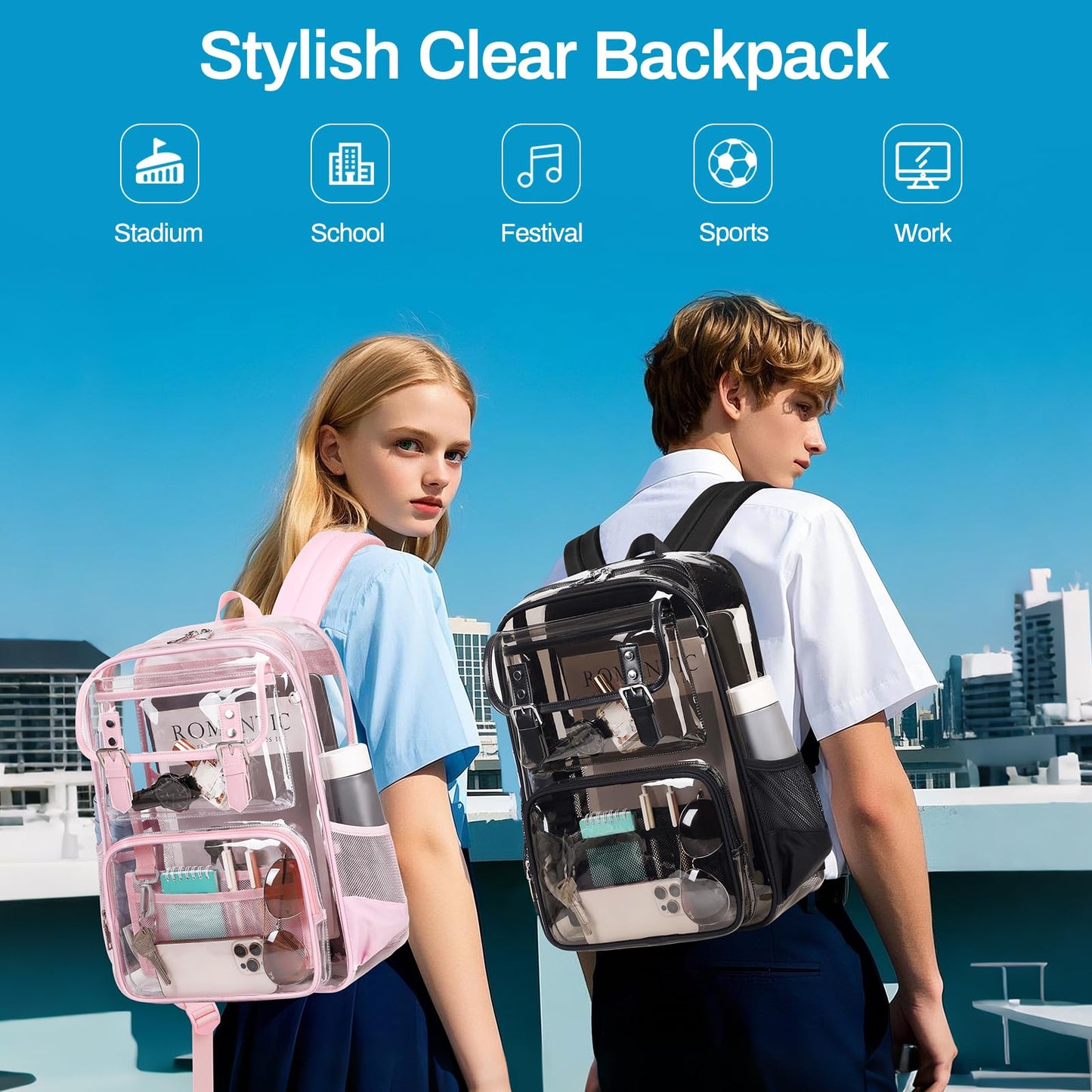 PIG PIG GIRL Clear Backpack Heavy Duty, PVC Clear Bookbag Transparent Backpack See Through Bag for Stadium College for Adult Men Women, Semi-Black