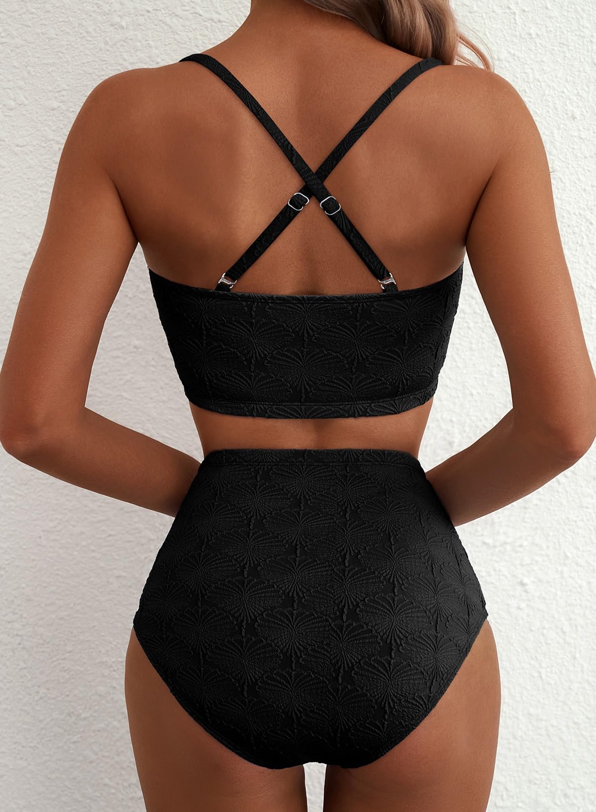 Herseas Women's Seashell Textured Black Bikini Sets Knotted Front High Waisted 2 Piece Swim Suit Ruffle Trim Slimming Bathing Suits Modest Cruise Essentials 2026 Medium