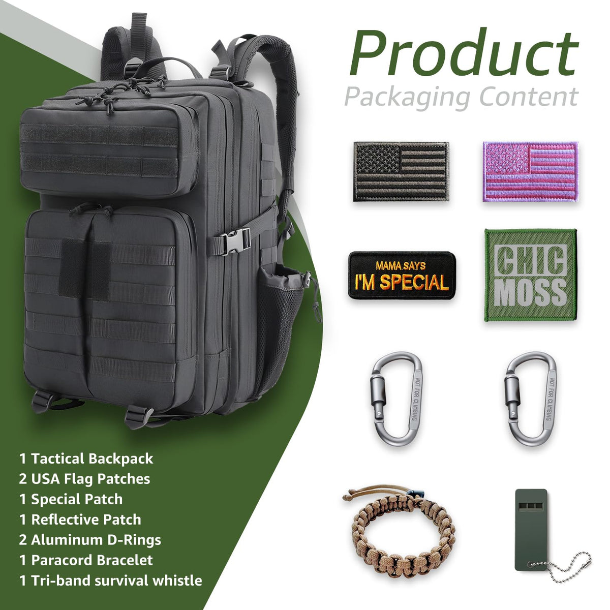 CHICMOSS 45L Military Tactical Backpack - Waterproof Large Army 3 Day Assault Pack Molle Bug Out Bag with Bottle Holder for Men and Women - Rucksack for Hiking, Camping, Travel(Black)