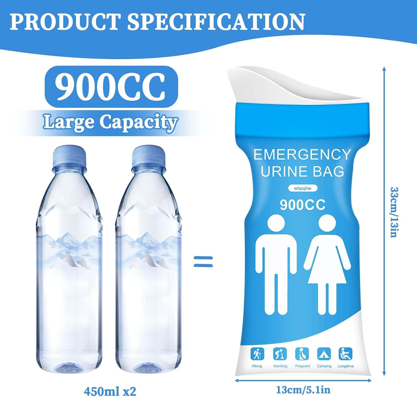 12 PCS Disposable Urine Bags,900ML Pee Bags for Travel for Women and Men, Portable Emergency Urine Bag with Leakproof Seal for Road Trips, Camping, Hiking, Traffic Jams,Pregnant, Patients