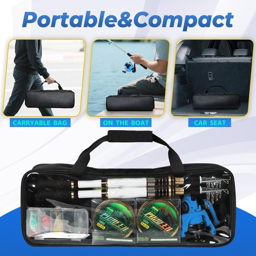 Telescopic Fishing Rod and Reel Combo, 2PACK Carbon Fiber Travel Rod, 2 Collapsible Spinning Reels, 2 100m Line, Carrier Bag and Carrier Bag Lures Kit for Adults Saltwater Freshwater