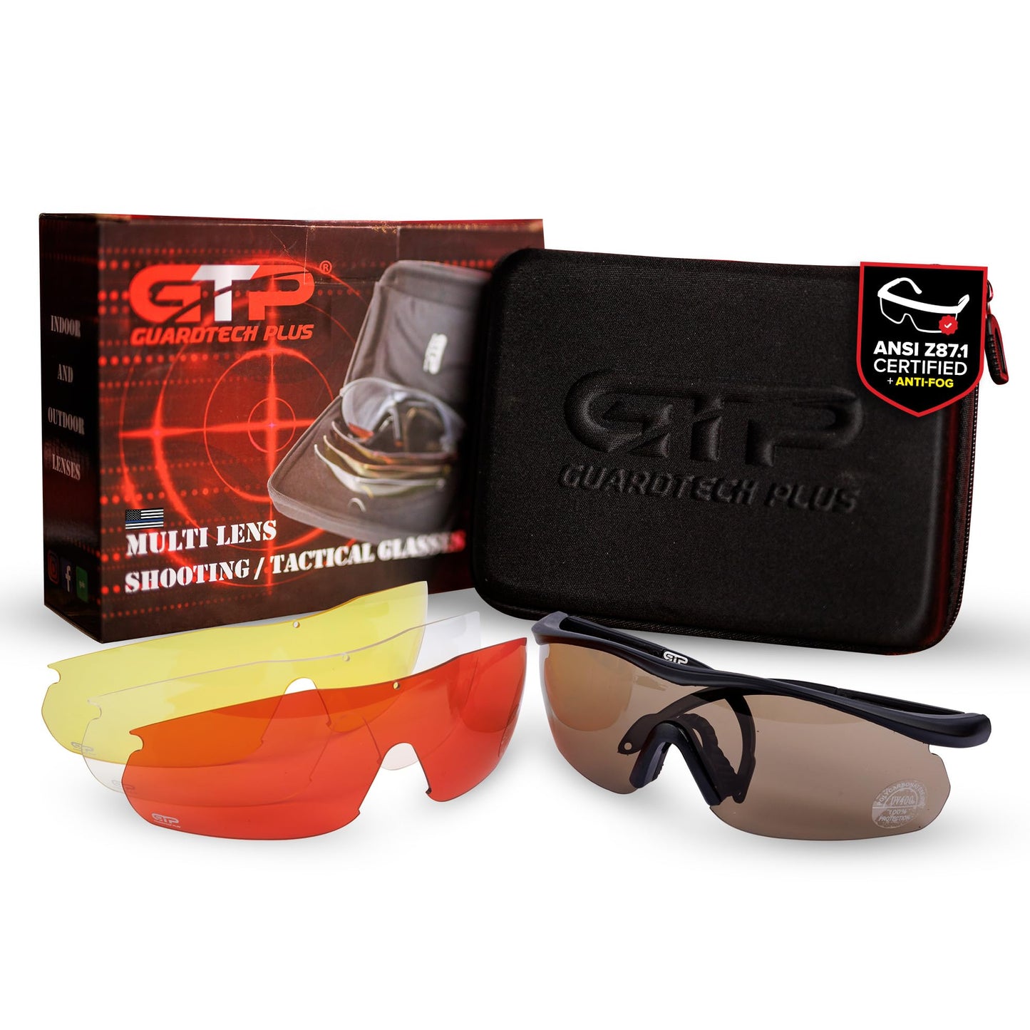 GuardTech Plus Shooting Glasses for Men and Women - ANSI Z87.1 Interchangeable Eye Protection - Shooting Safety Gear - 100% UV, Anti-Fog, Anti-Scratch Swappable Lenses Firing Range Glasses