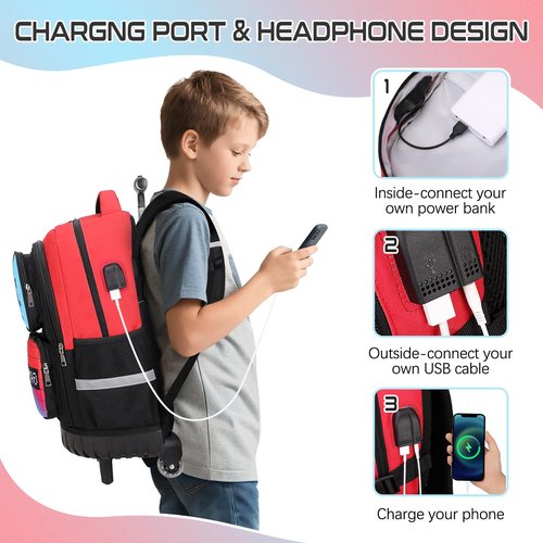 Jafeton Rolling Backpack for Boys, 3 PCS Gamer Boy Backpack Set with Lunch Box & Pencil Pouch, Roller Wheels School bag for Boys Kids Teens, Elementary Middle School, Kids Bookbag Casual Daypack