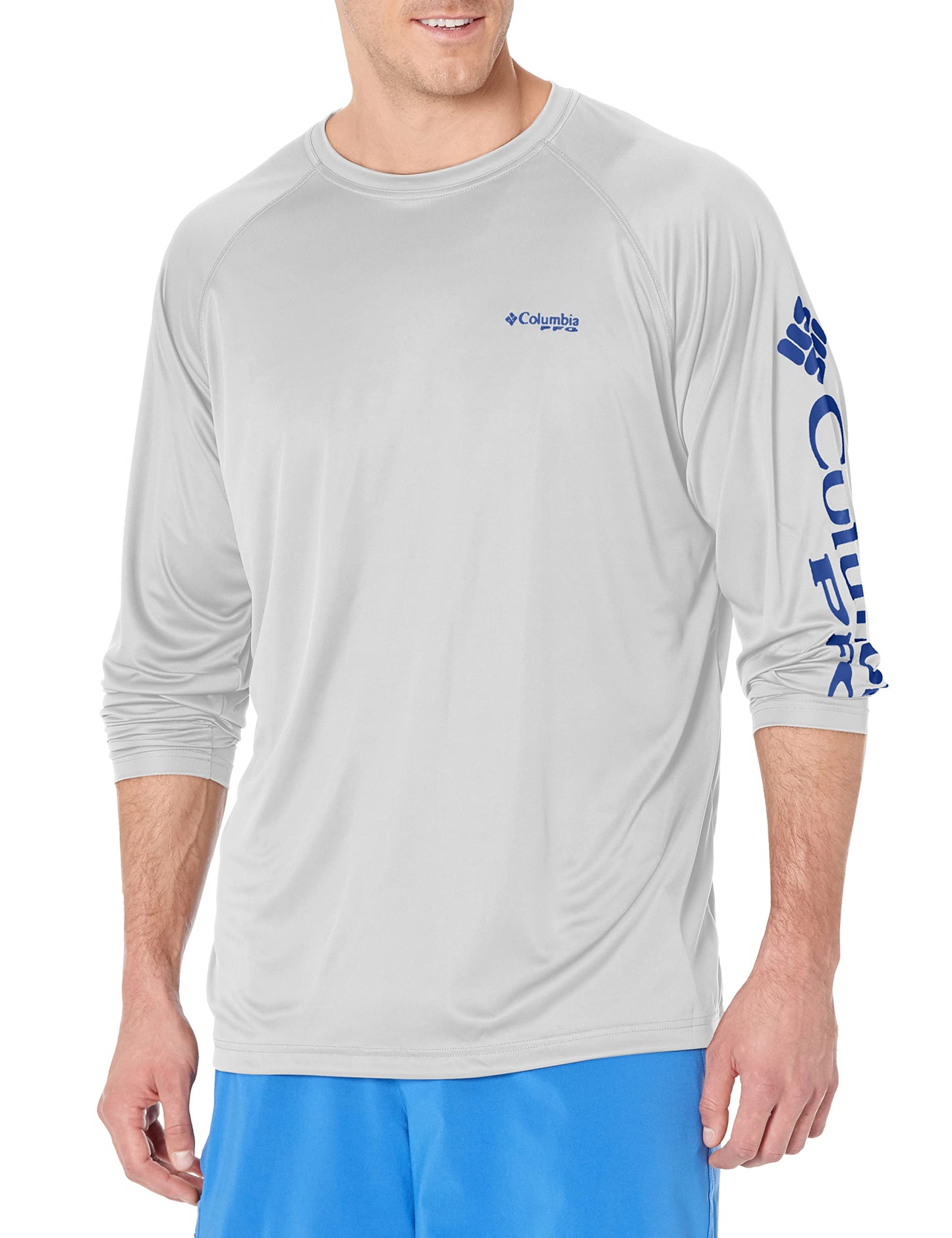 Columbia Men's PFG Terminal Tackle Long Sleeve Fishing Shirt, Cool Grey/Vivid Blue Logo, Large Tall