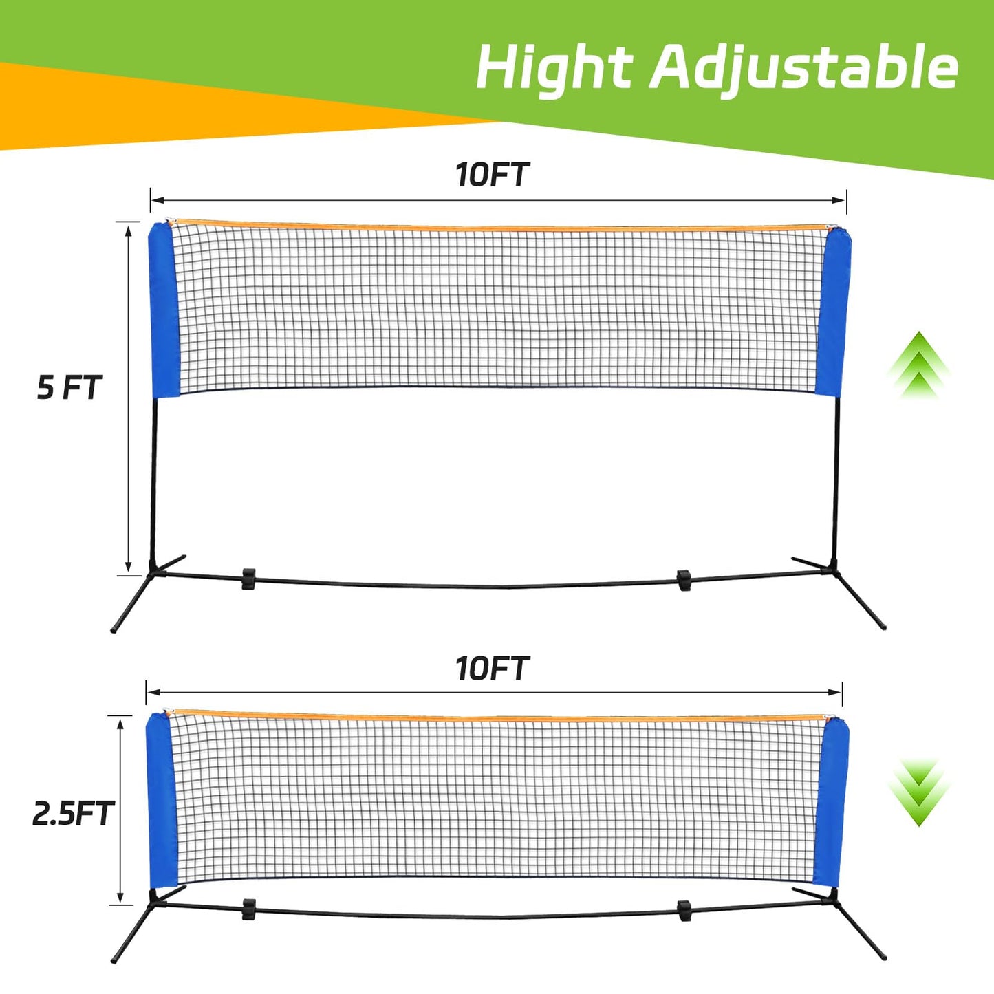 JungleA Portable Tennis Net, 10FT x 5FT Height Adjustable Badminton Pickleball Net Set, Multi Sport Equipment Goal for Soccer, Volleyball, Kids Volleyball for Indoor Outdoor Garden, Backyard, Beach
