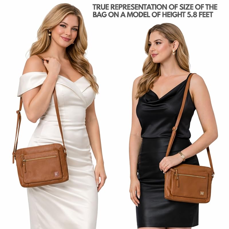 Cognac Leather Crossbody Bag for Women - Small Pebbled Genuine Leather, 5-Compartment Sling Purse with Adjustable Strap
