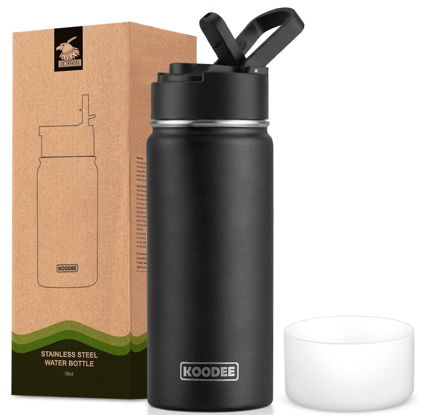 koodee Insulated Water Bottle, 18 oz Stainless Steel Vacuum Wide Mouth Sports Water Bottle with Leak Proof Straw Lid (Black)