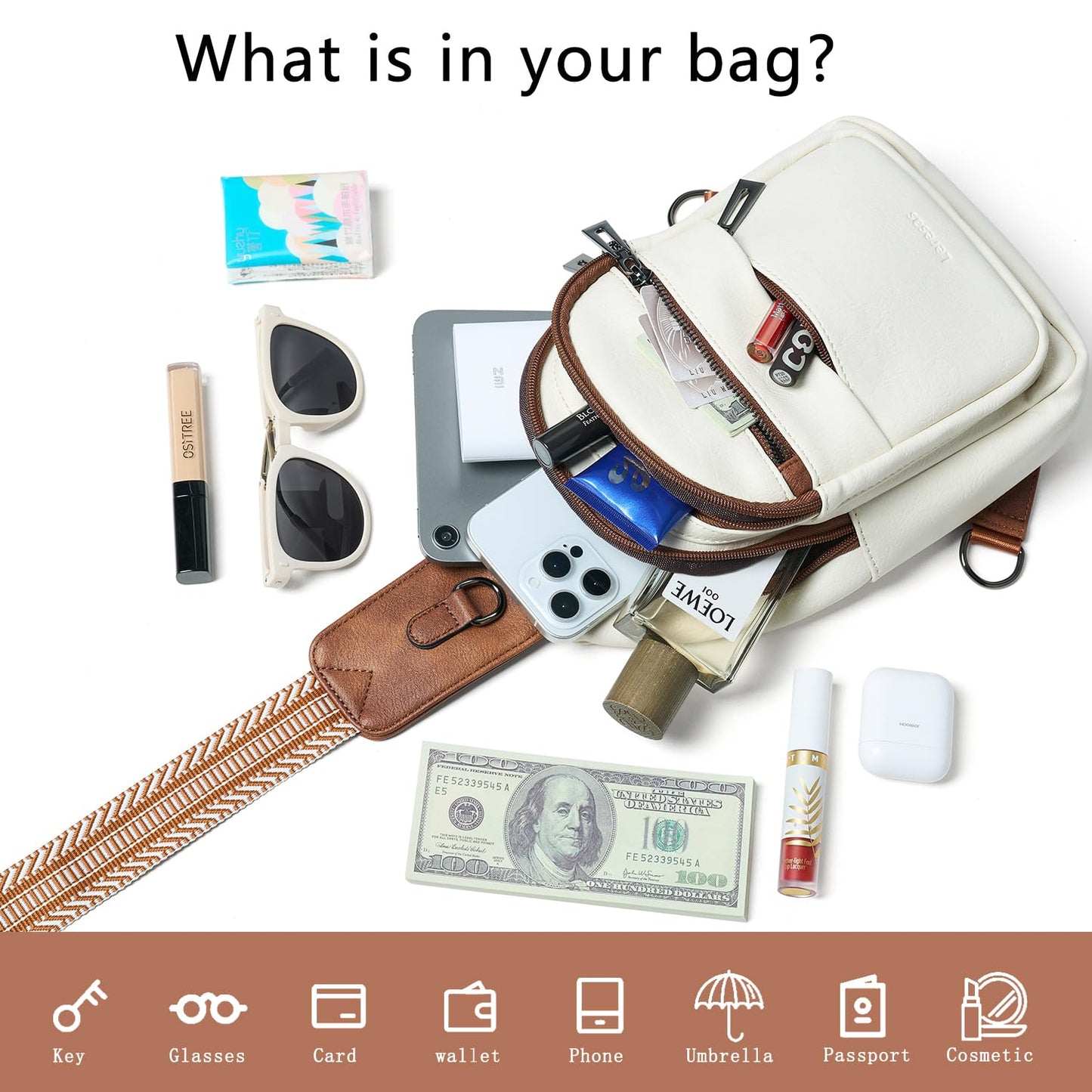Leresas 7L Sling Bag for Women Crossbody Bags Sling Purse Backpack Cross Body Purse Fanny Pack Trendy Vegan Leather Beige