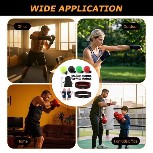 Boxing Reflex Ball Headband Set, 2 Adjustable Headbands + 4 Different Balls + 1 Pair Protective gloves with Storage Bag, for Adults and Kids Beginner Proficiency Improvement, Punching Speed, Agility