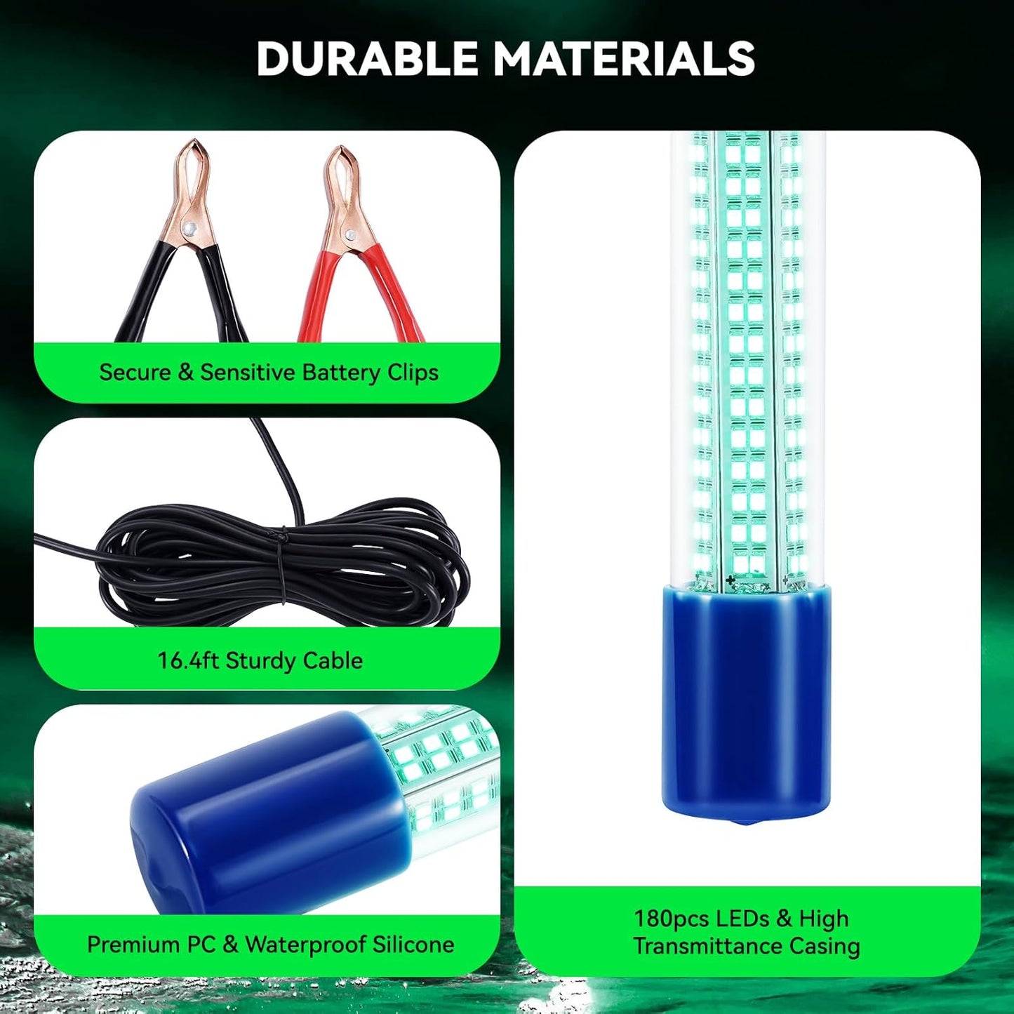 18W Underwater Fishing Light, IP68 Waterproof DC 12-24V LED Fish Bait Light Submersible Finder Attractants Lamp for Crappie Shrimp Squid Catfish + Battery Clamps, 16.4ft Cable Green/Blue/White Light