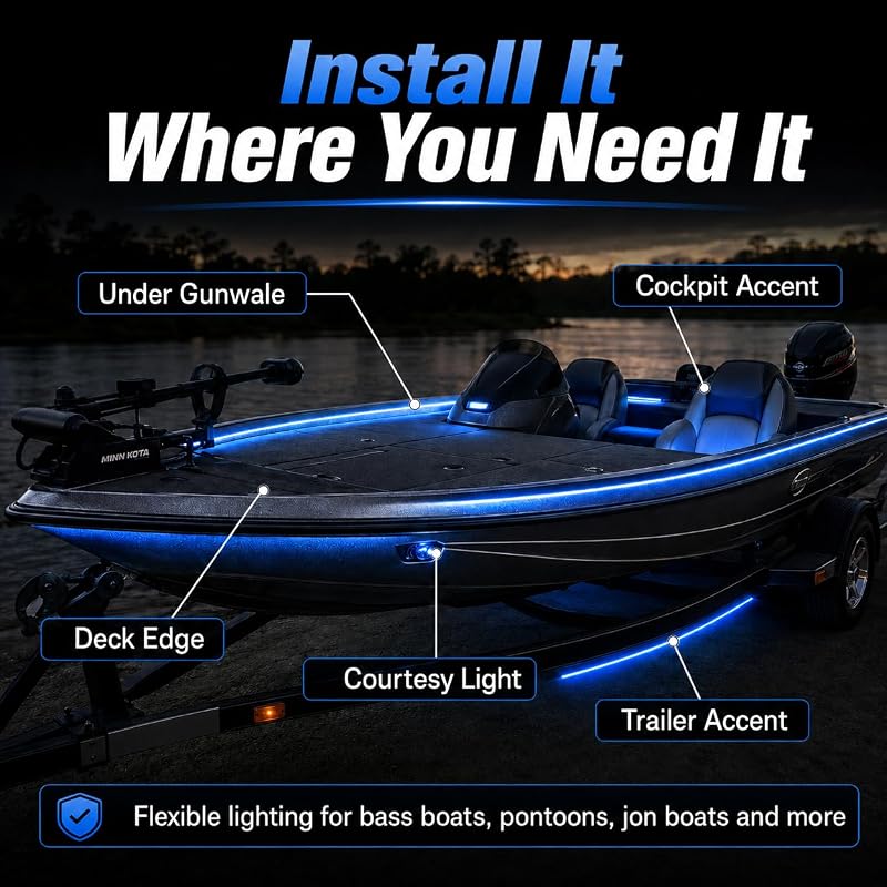 Marine LED Boat Light Strip Kit 16.4 ft Blue for Pontoon, Bass, Kayak – 12V