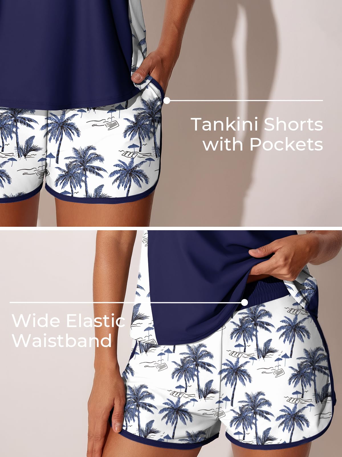 Summer Mae Blouson Tankini Swimsuits for Women 2026 Tummy Control Two Piece Bathing Suits with Sporty Pockets Swim Shorts Blue Shadow Palm Size 16