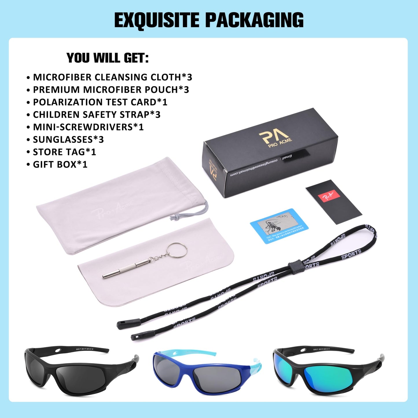 Pro Acme 3 Pack Kids Polarized Sunglasses for Boys Girls,Flexible TR90 Unbreakable Sports Baseball Sunglasses for Children Age 3-12, Medium