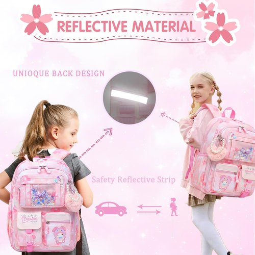 Alrisg Lovely Girls Backpack School Bag for Students Kids Book Bag with Multiple Pockets Splash-proof Children's Backpack（17inch Pink）