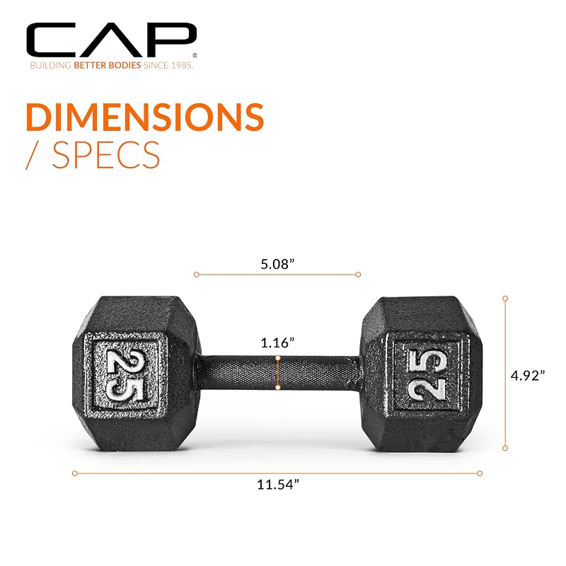 25 lb Cast Iron Hex Dumbbell - Single, Anti-Roll Corner, Cap Brand