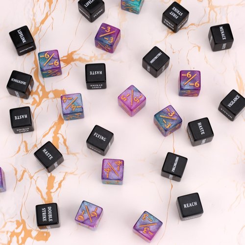 48pcs Abilities Keywords Counter Dice, Acrylic Creature Stats Buff Loyalty Dice Tokens Set Magic Life Counters for MTG TCG Card Gaming Accessories with Velvet Bag, Gathering Party Table Games