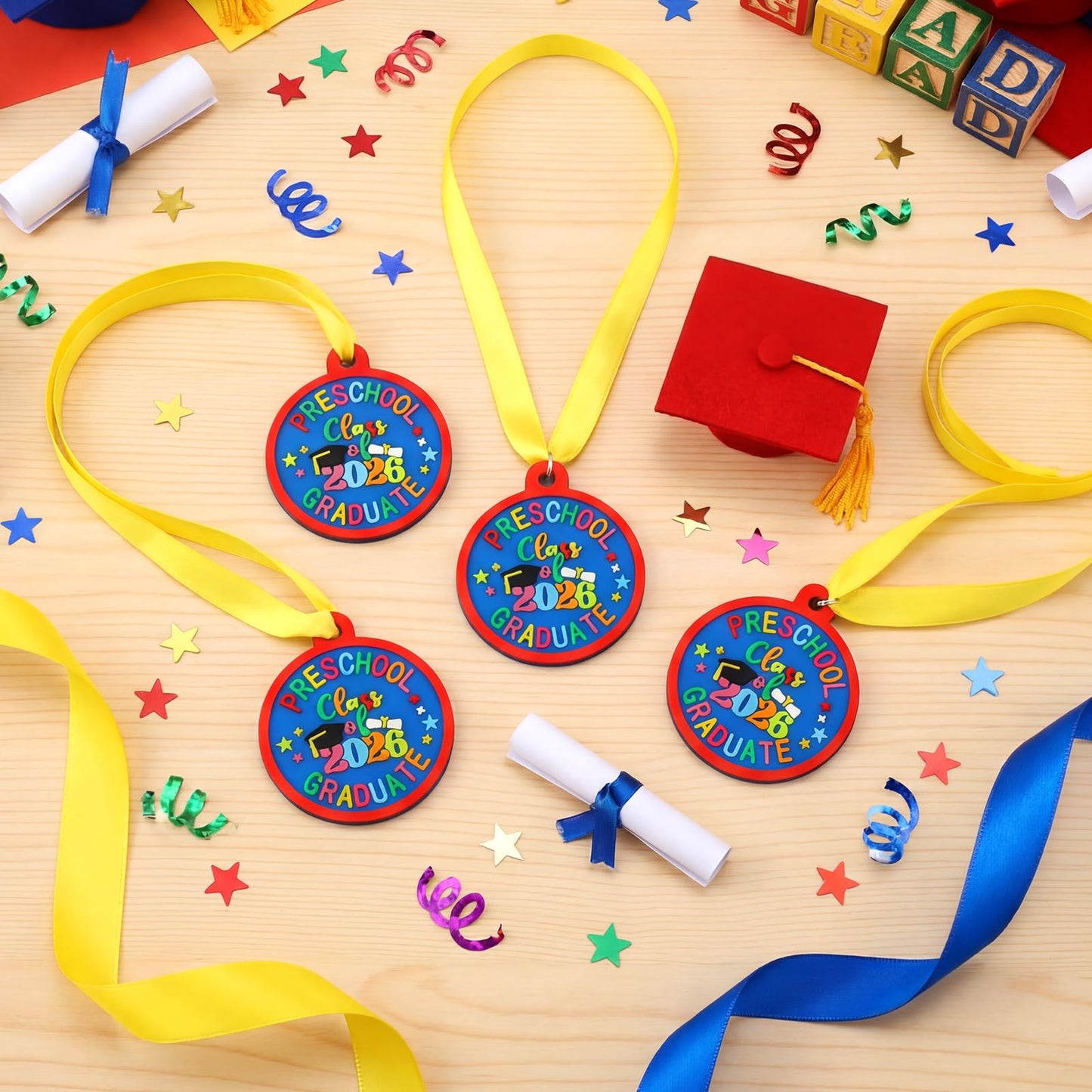 Sratte 36 Pcs Kindergarten Prek Preschool Graduation Medals for Kids, Bulk Kinder Pre-k Graduation Gifts with Yellow Ribbon, End of Year Student Gifts Party Favors Supplies, 2 Inch (Class of 2026)