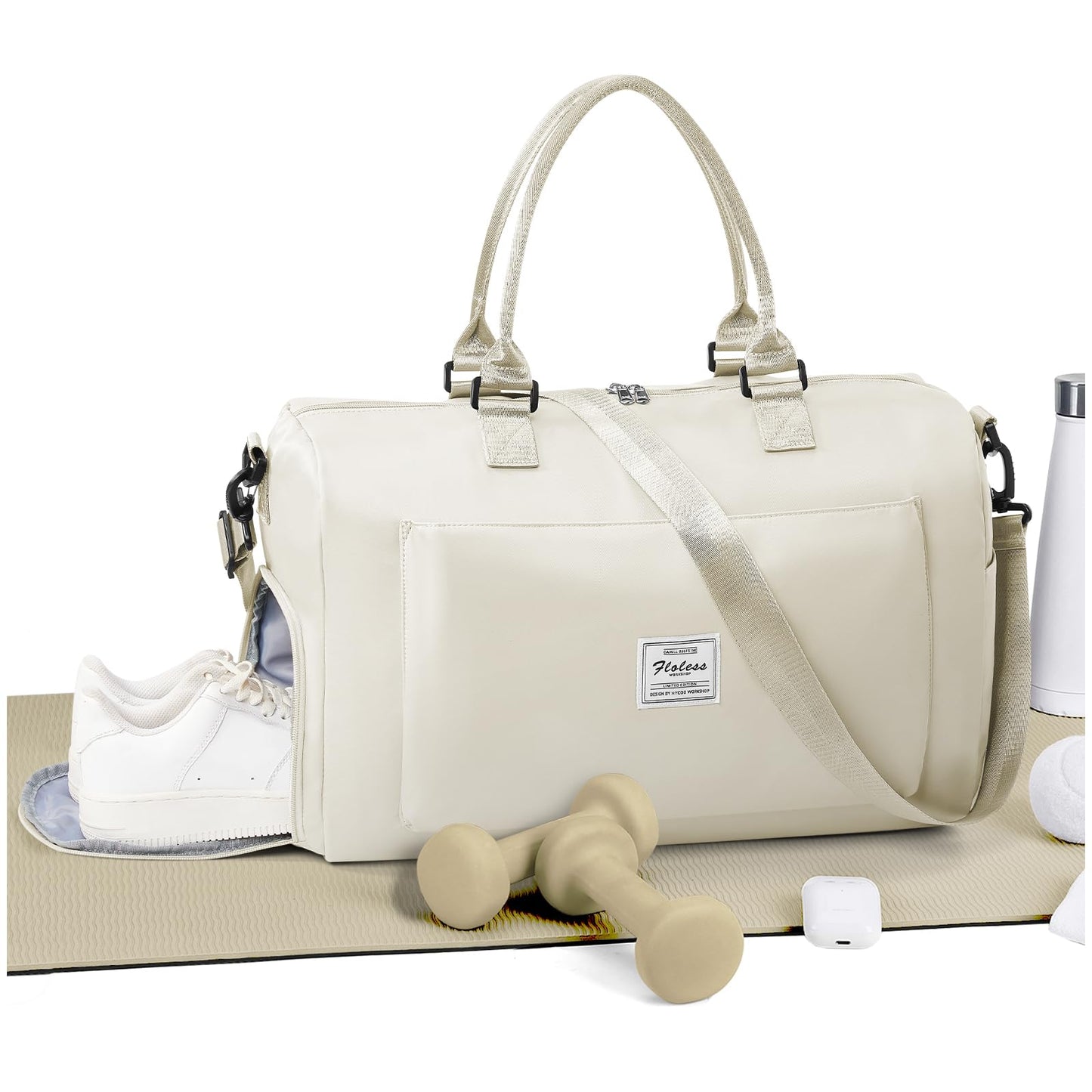 Gym Bag for Women Men Duffle Bags for Travel with Shoe Compartment Shoulder Weekender Overnight Carry on Tote Bags for Airplane Beach Bag Workout Yoga Sport Swimming Cream White