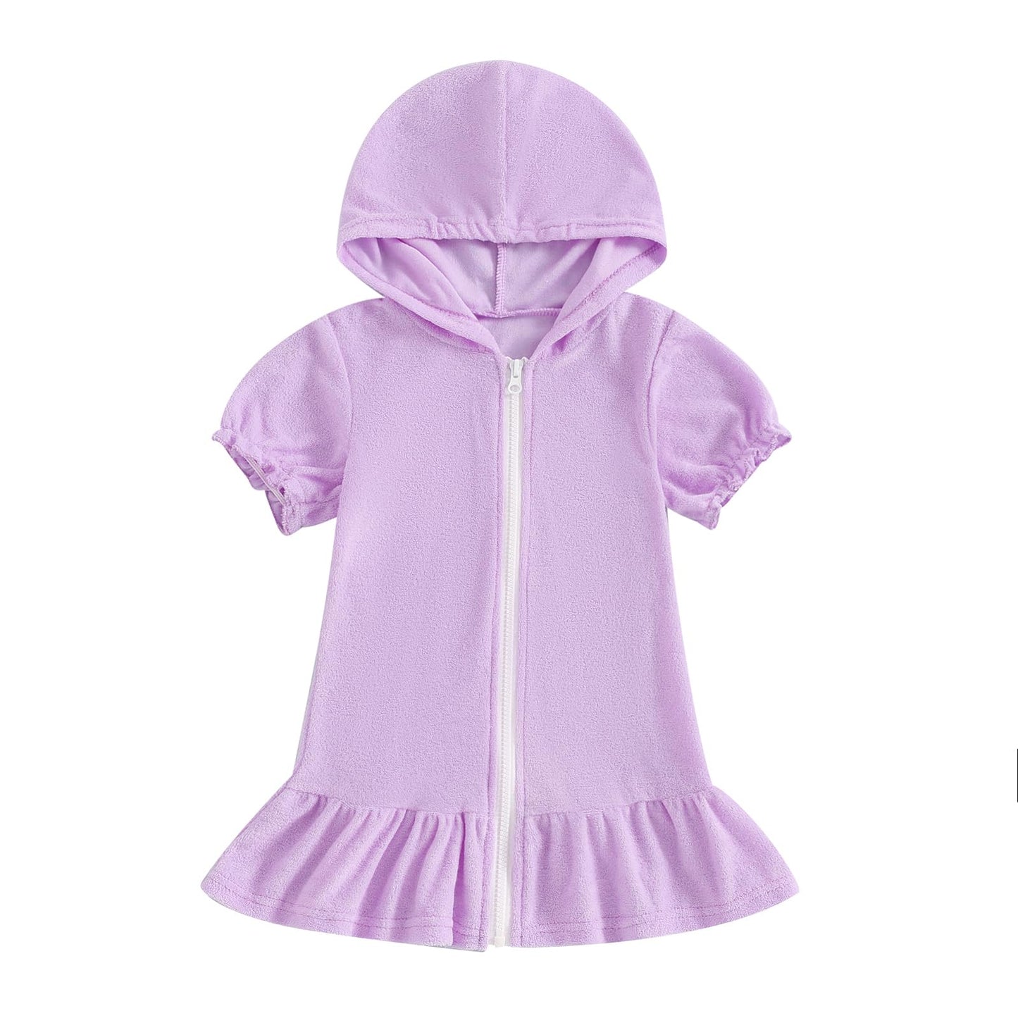Girls Hooded Terry Cover Up Swimsuit Zipper Swim Dress Short Sleeve Ruffle Coverups Bathing Suit Swimwear (Purple, 7-8 Years)