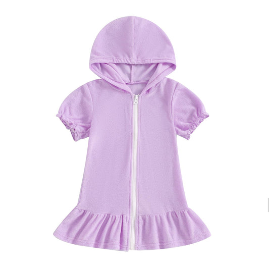 Girls Hooded Terry Cover Up Swimsuit Zipper Swim Dress Short Sleeve Ruffle Coverups Bathing Suit Swimwear (Purple, 7-8 Years)
