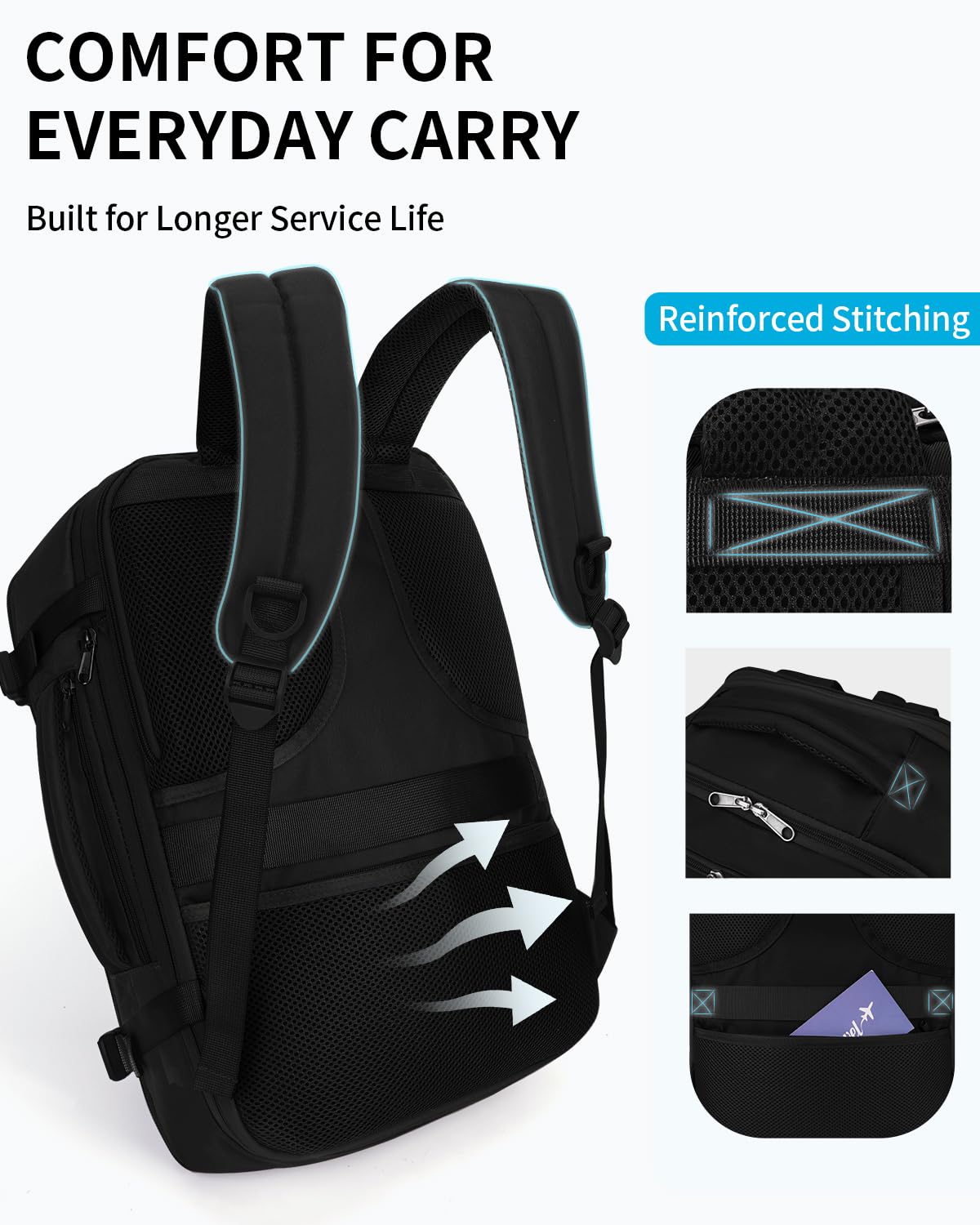 ECOHUB Carry On Travel Backpack, Expandable Airlines Personal Item Bag 18x14x8, Water Resistant 17 inch Laptop Backpack Flight Approved, 12 Pockets 30L Work Backpacks with Wet Pocket & Cable Slot