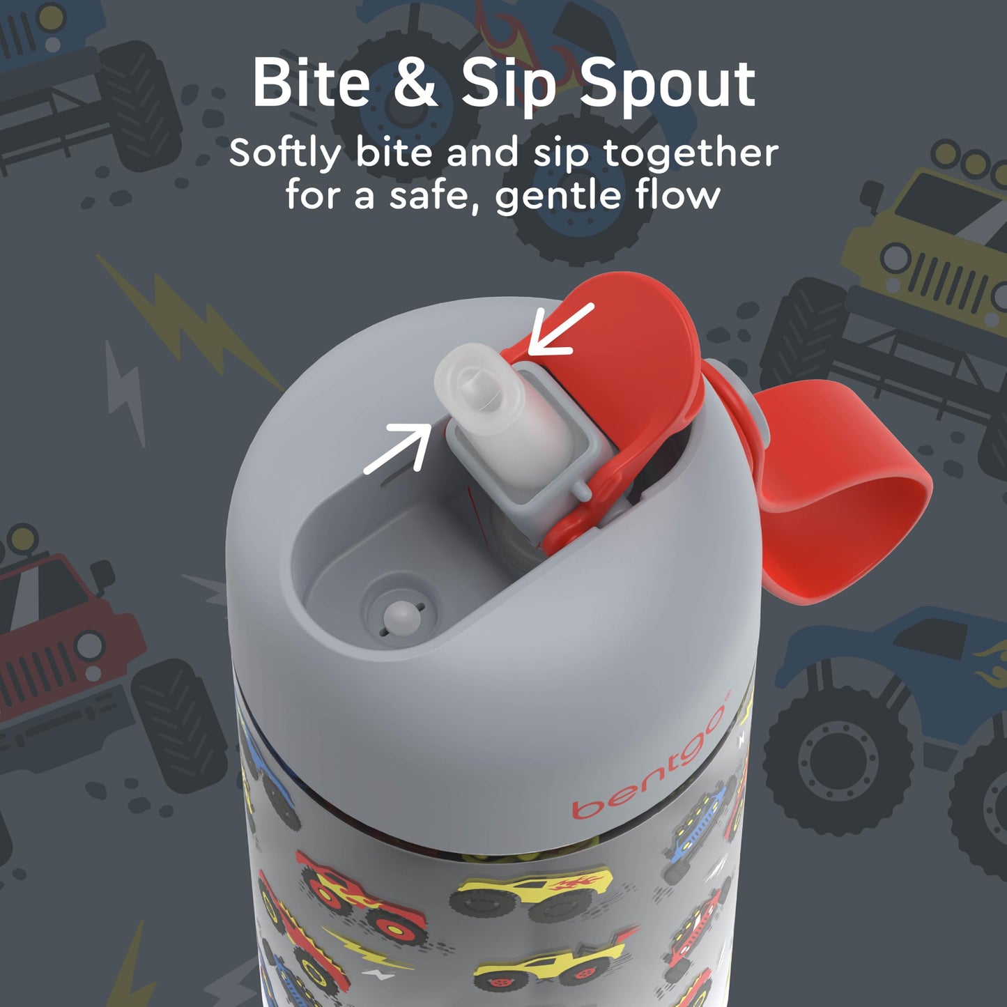 Bentgo Kids Water Bottle - Leak-Proof, Durable Tritan PFAS- & BPA-Free 15 fl oz, Kids/Toddlers Ages 3+ for School & Sports; Bite & Sip Spout, Carrying Handle, Dishwasher Safe (Trucks)