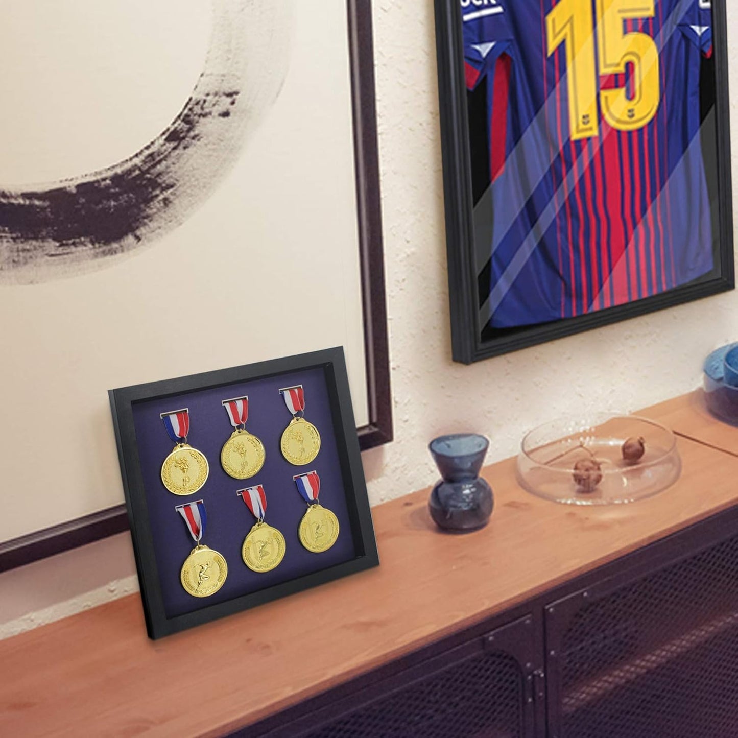 Iheipye Large Medals Display Shadow Box - 6 Medal Display case - Perfect Medal Display for War Military, Runners, Marathon, Race Winner, Football, Gymnastics & All Sports (Black, 12x12)