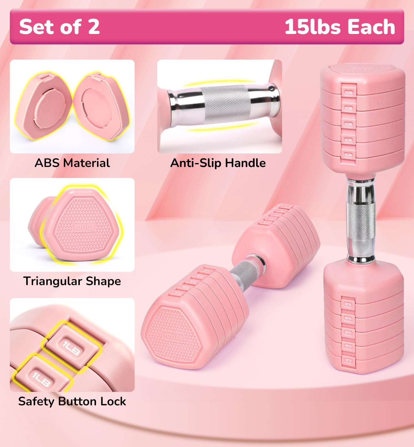 Adjustable Dumbbell Set of 2, 30LBS Hand Weights for Women Men 6-in-1 Free Weight Dumbbells Sets at Home, Each 5lb 7LB 9LB 11LB 13LB 15LB for Home Gym Exercise Workout Strength Training Equipments Pink