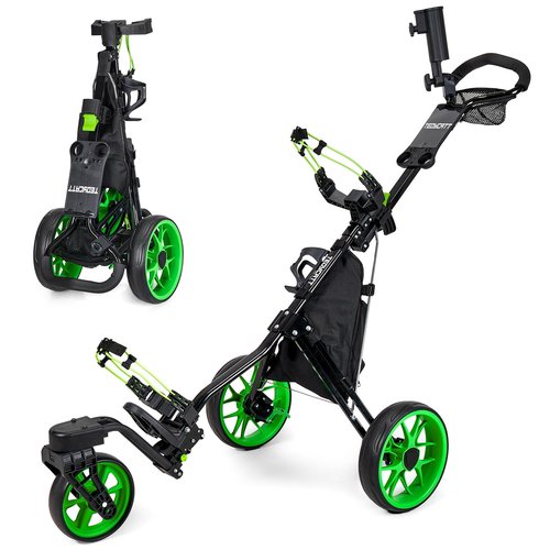 Tedycatt Swivel 3 Wheel Golf Trolley: Quick Fold 360 Push Golf Cart with Cooler Bag, Foot Brake, Drink& Umbrella Holder,Green