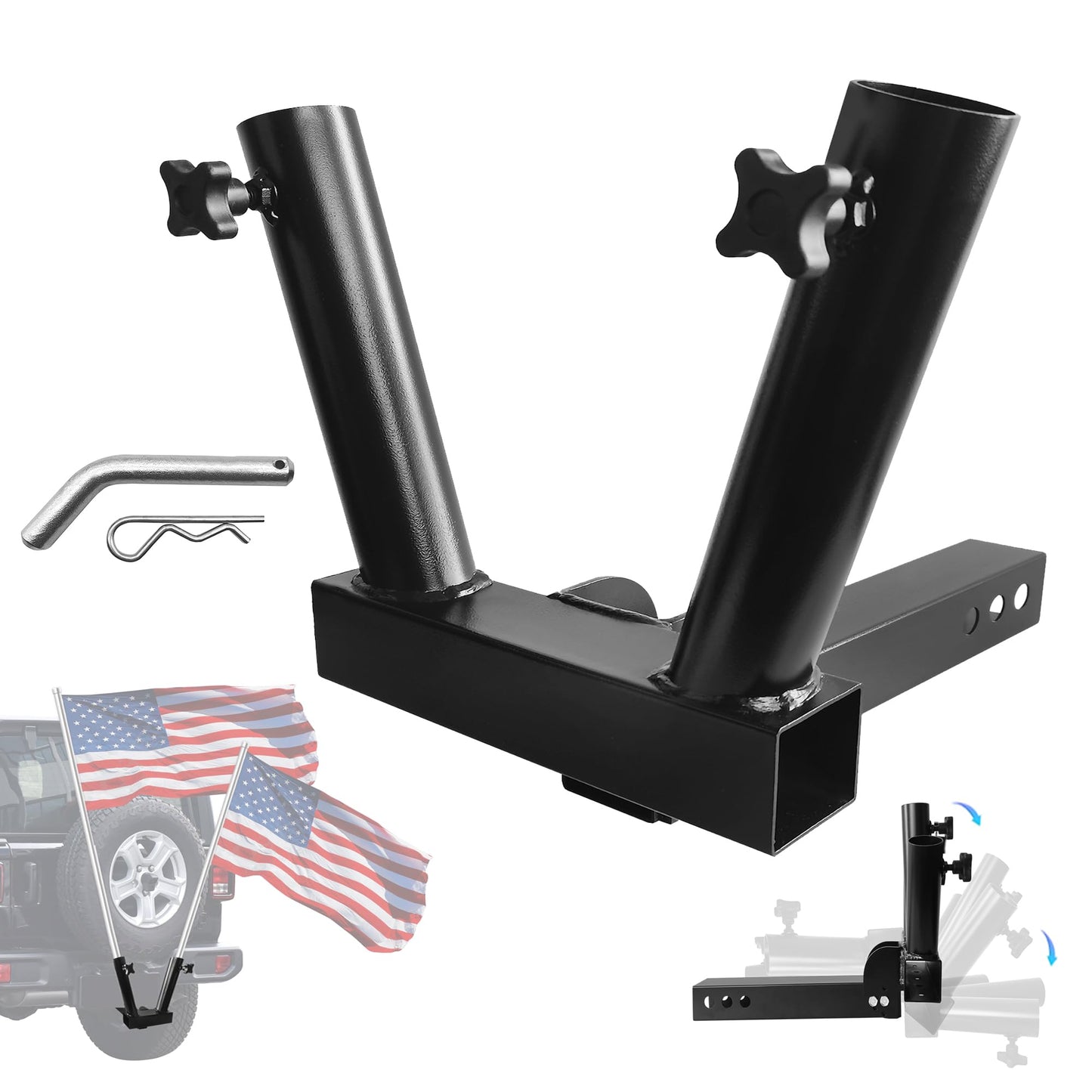 KAIRAY Foldable Hitch Mount Dual Flagpole Holder Universal for Standard 2 inch Receiver fit for Truck SUV RV Pickup