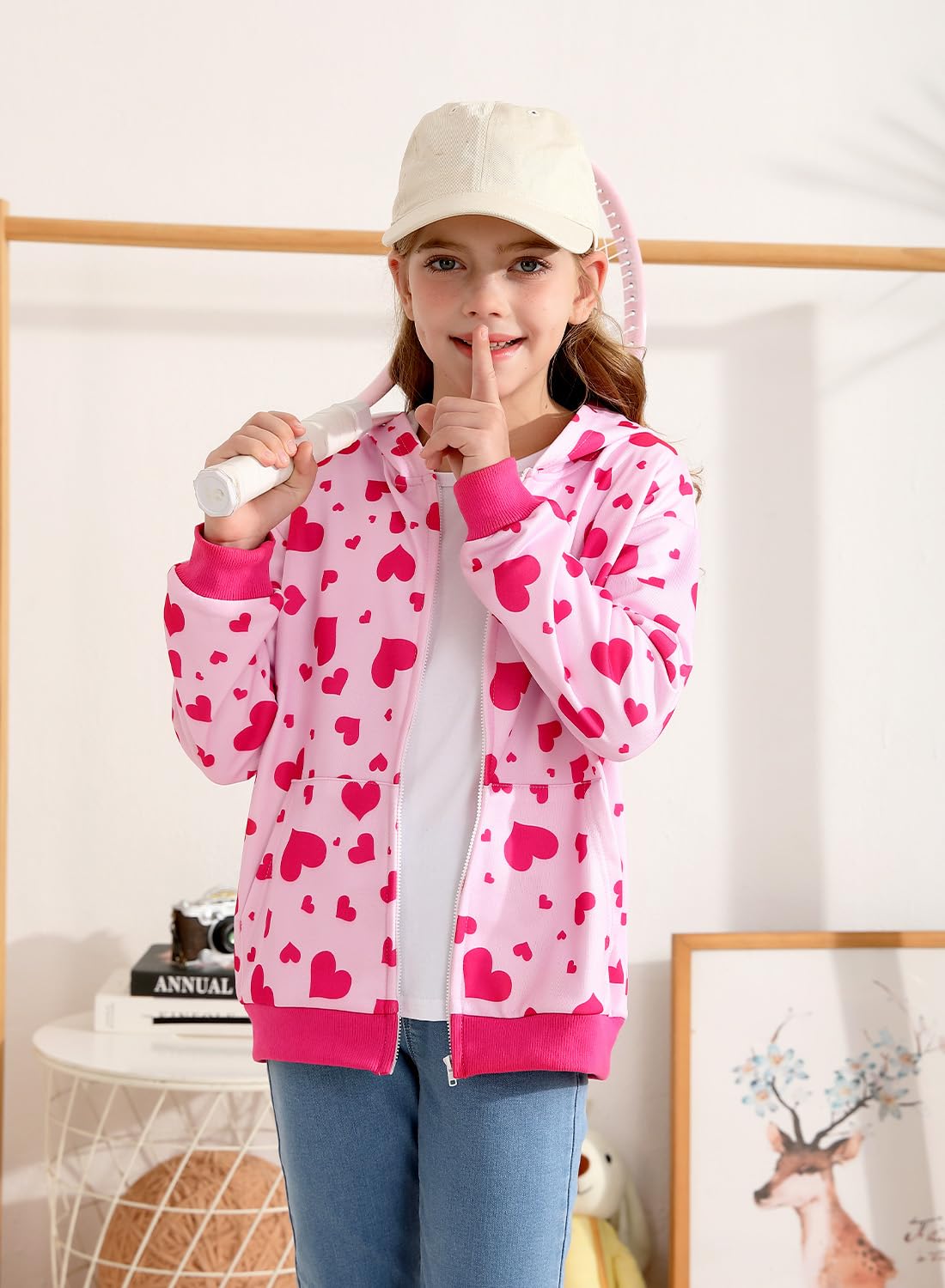Belovance Girls Graphic Zip Up Hoodie Sweatshirt with Pockets Kids Tween Hooded Coat Casual Loose Outerwear Autumn Long Sleeves Oversized Novelty Lightweight Jacket Top Cute Pink Hearts 8-10 Years