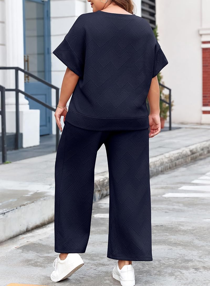 Eytino Plus Size 2-Piece Tracksuit Set Navy Blue - Short Sleeve Top, High-Waist Wide-Leg Pants (1X-5X) Variation: Navy Blue+3X