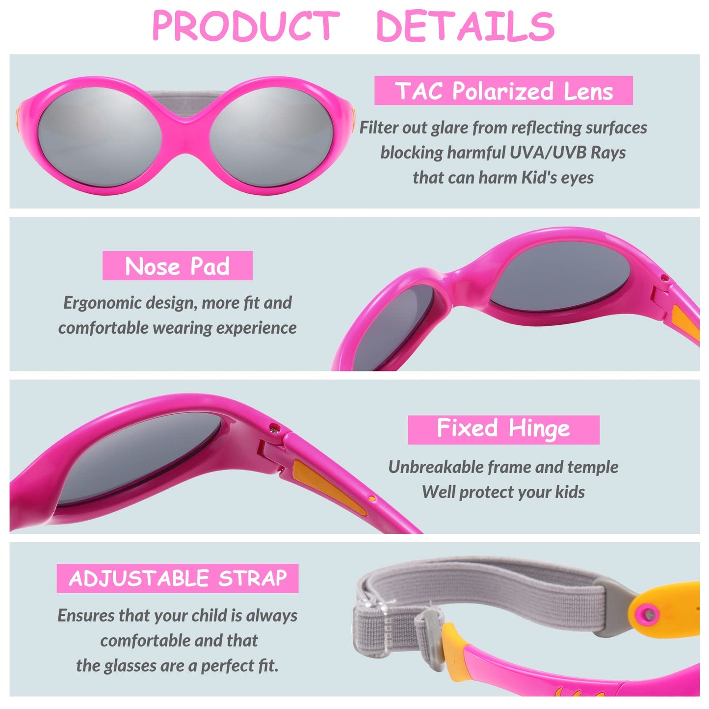 DUCO Toddler Sunglasses 6-24 months with Adjustable Strap UV400 Protection Unbreakable Polarized Glasses with Case K012