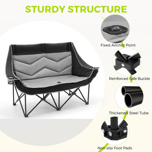 Dovov Outdoor Oversized Folding Double Camping Chair for Adults Heavy-Duty Fully Padded Portable Camping Couch Loveseat with 2 Cup Holders Support 600 lbs for Beach, Lawn, Backyard, Campsites, Patio