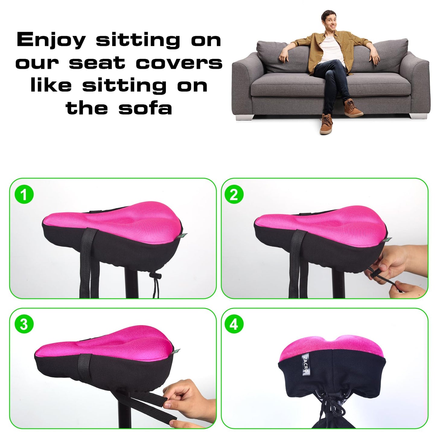 Zacro Bike Seat Cushion, Comfortable Gel Padded Bike Seat Cover, Adjustable Bicycle Cover for Men & Women, Compatible with Stationary Exercise, Mountain and Road Bike Saddles