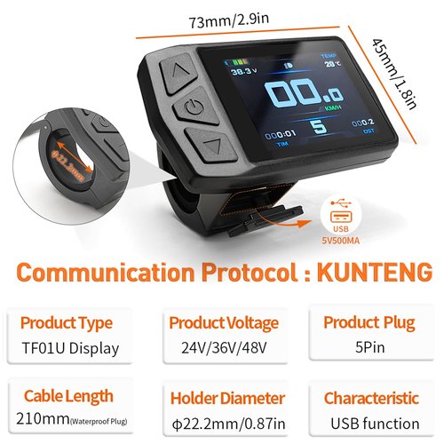 Ebike Color Screen Display Meter KT-TF01U （with USB） 24V 36V 48V 52V Electric Bike Conversion Kit LCD Display for KT Controller Kit (Green Plug(5pin Waterproof Plug))