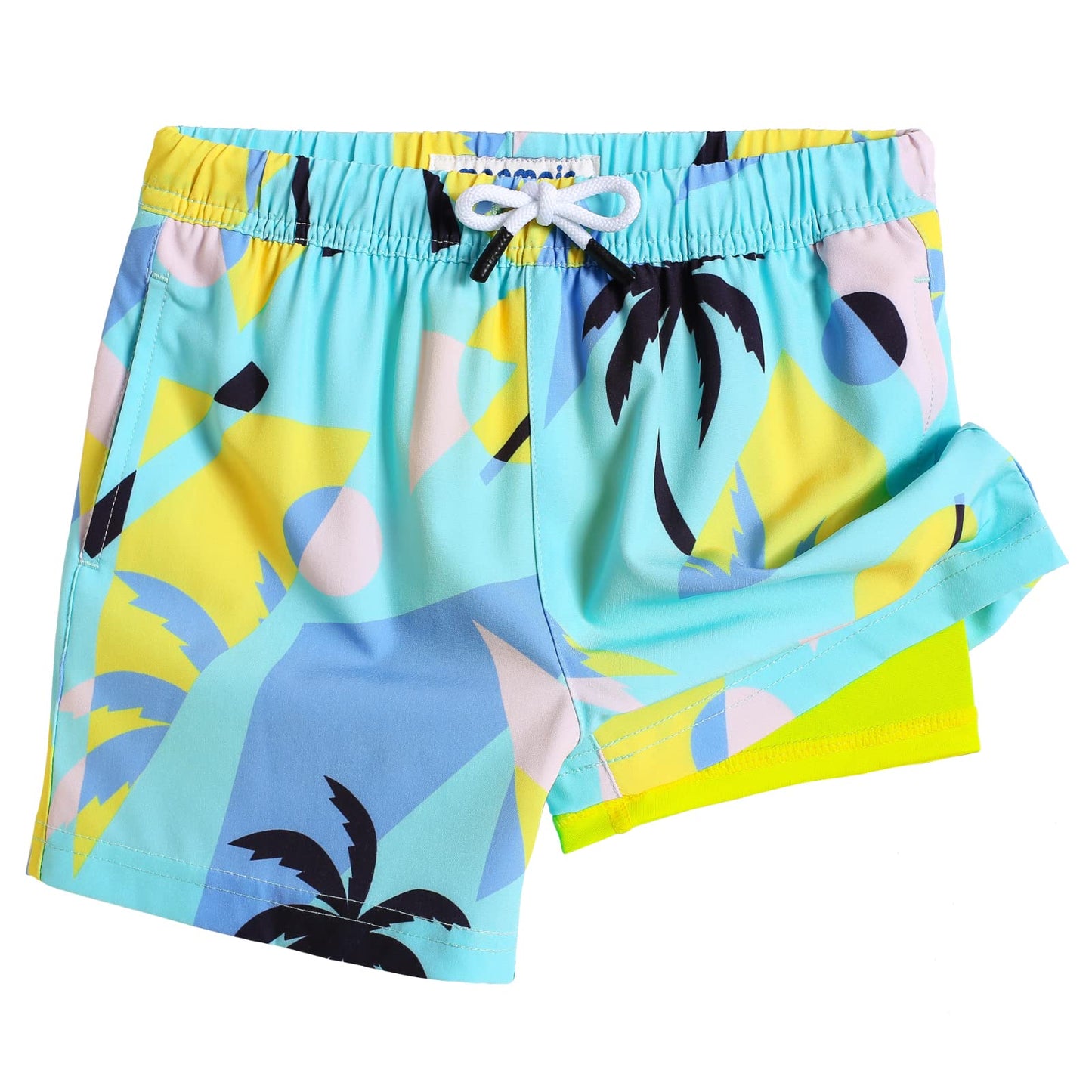 maamgic Boys Swim Trunks with Compression Liner Toddler Stretch Swim Shorts Quick Dry Swimming Trunks Boxer Brief 2 in 1 Beach Shorts Egg Yolk Coconut 14/16