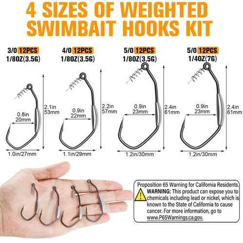 Dovesun 12PCS Weighted Swimbait Hooks Weighted Fishing Hooks for Saltwater Freshwater EWG Worm Weedless Hooks for Bass Fishing 4/0 & 1/8OZ