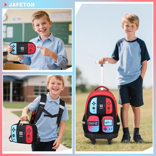 Jafeton Rolling Backpack for Boys, 3 PCS Gamer Boy Backpack Set with Lunch Box & Pencil Pouch, Roller Wheels School bag for Boys Kids Teens, Elementary Middle School, Kids Bookbag Casual Daypack