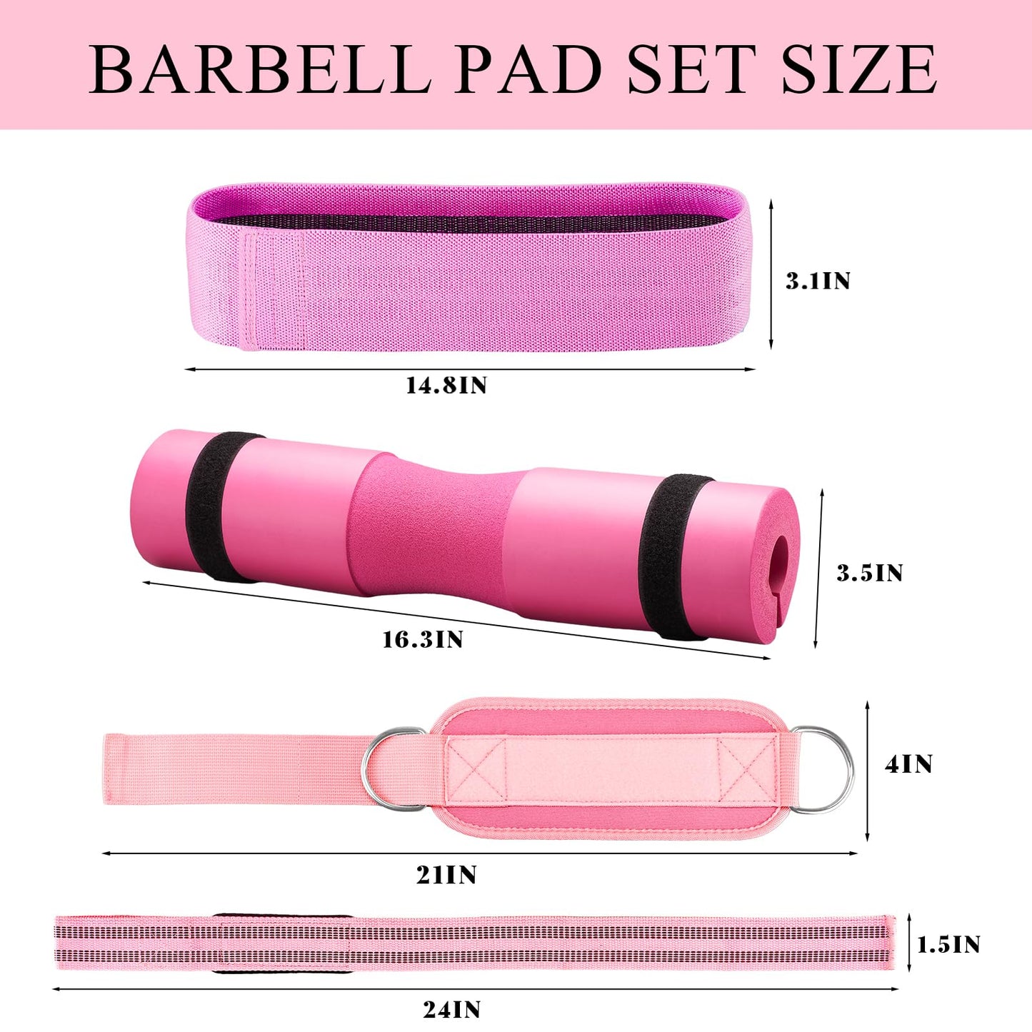 Roviutu Barbell Pad Set for Squat,Hip Thrusts, Leg Day,Olympic Bar Pad with 2 Gym Ankle Safety Straps, 2 Workout Gloves, Resistance Band, Carry Bag, Gym Accessories for Women (Pink Large Gloves