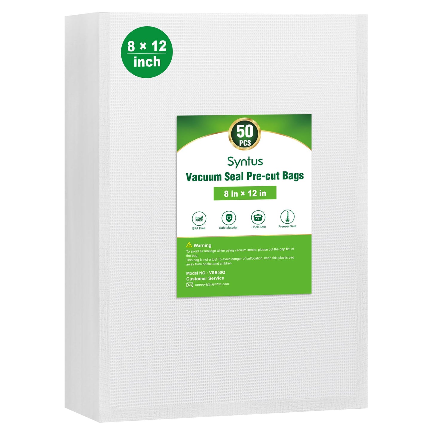 Syntus Vacuum Sealer Bags for Food, 50 Count Quart 8" x 12" Commercial Grade PreCut Bag, BPA Free Food Vac Bags for Storage, Meal Prep or Sous Vide