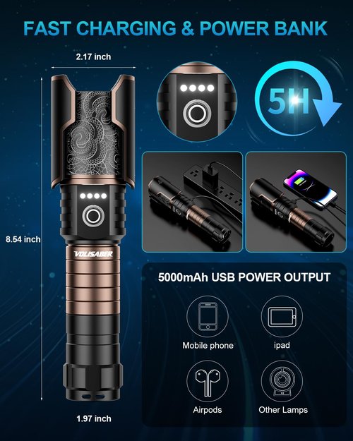 VOLISABER Flashlight 3000 High Lumens with Ignition Lens, Rechargeable Super Bright Zoomable LED Flash Light, 6 Modes Waterproof Handheld Powerful Tactical Flashlights for Camping Essentials Emergency