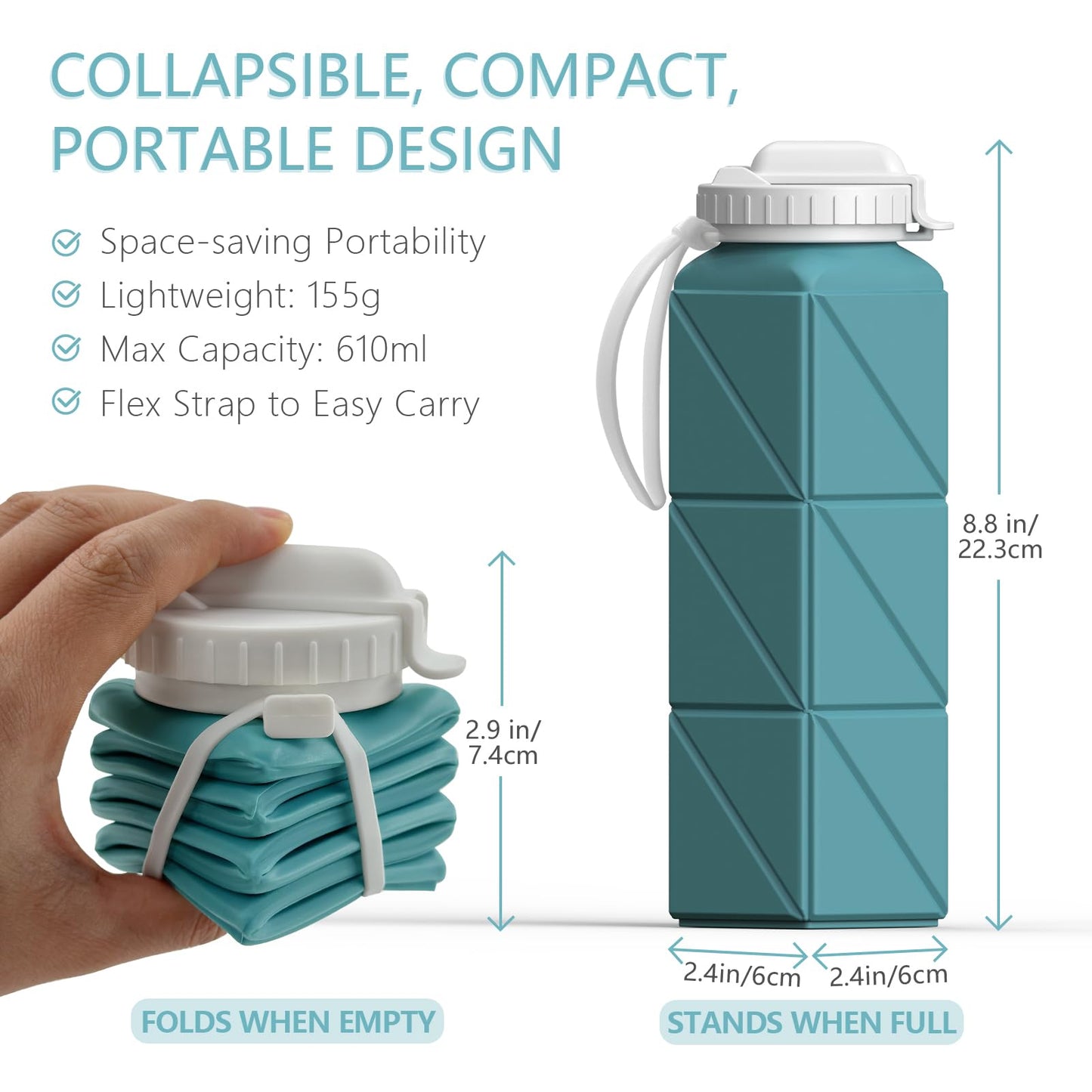 BEAUTAIL Collapsible Water Bottles with Straw 20.6oz, Silicone Foldable Portable Water Bottle, BPA-Free, Leakproof Reusable for Travel Camping Hiking Cycling Yoga Sports, 1 Pack (Blue)